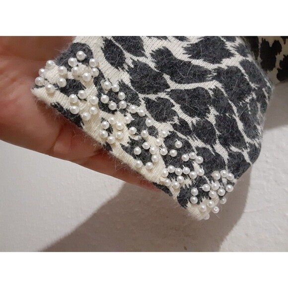 Cami Angora XL Gray Ivory Animal Print Pearl Rhinestone Cardigan Sweater Lg SLV - Picture 8 of 11